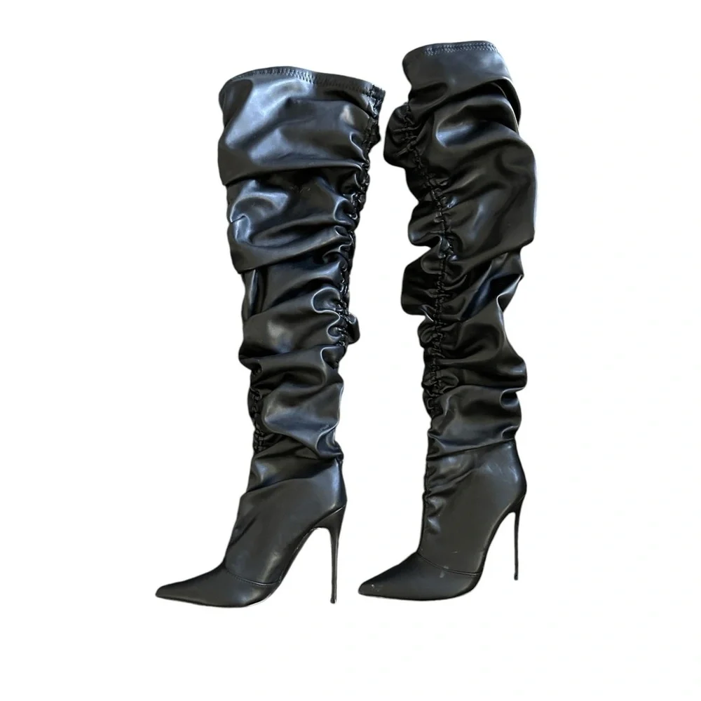 Fashion Nova Black Stiletto‎ Thigh-High Ruched Slouchy Boots Pointed Toe